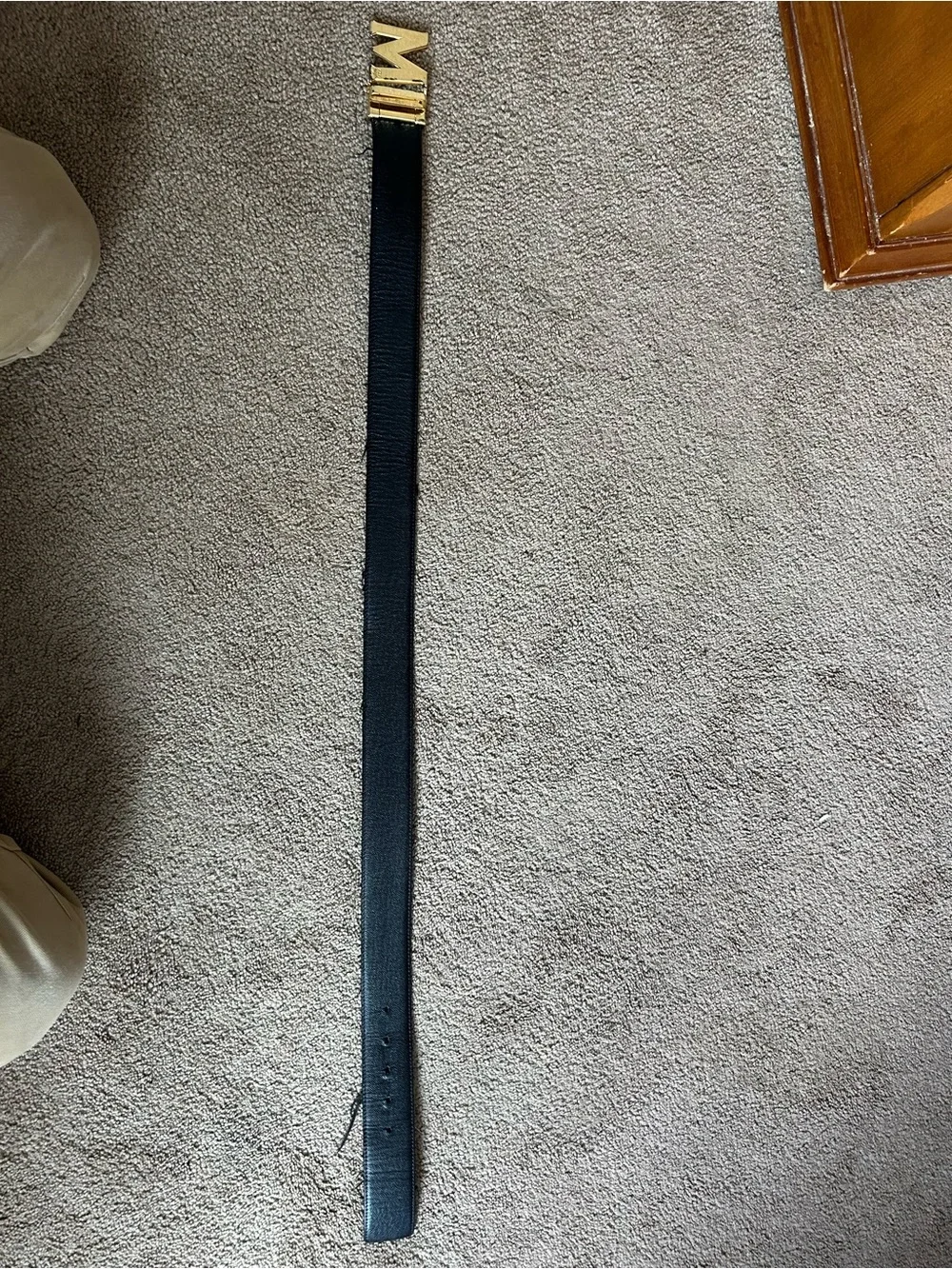 MCM Men's Black Leather Belt with Gold M Logo Buckle